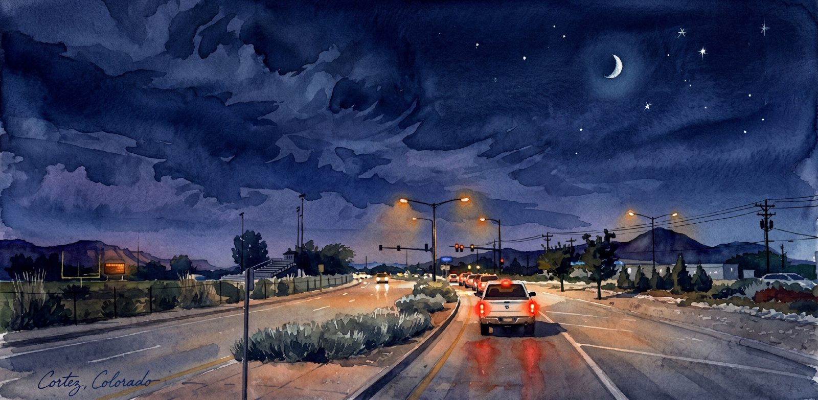 A watercolor painting of a Cortez, Colorado street at night, a red pickup driving beneath a crescent moon and starry sky