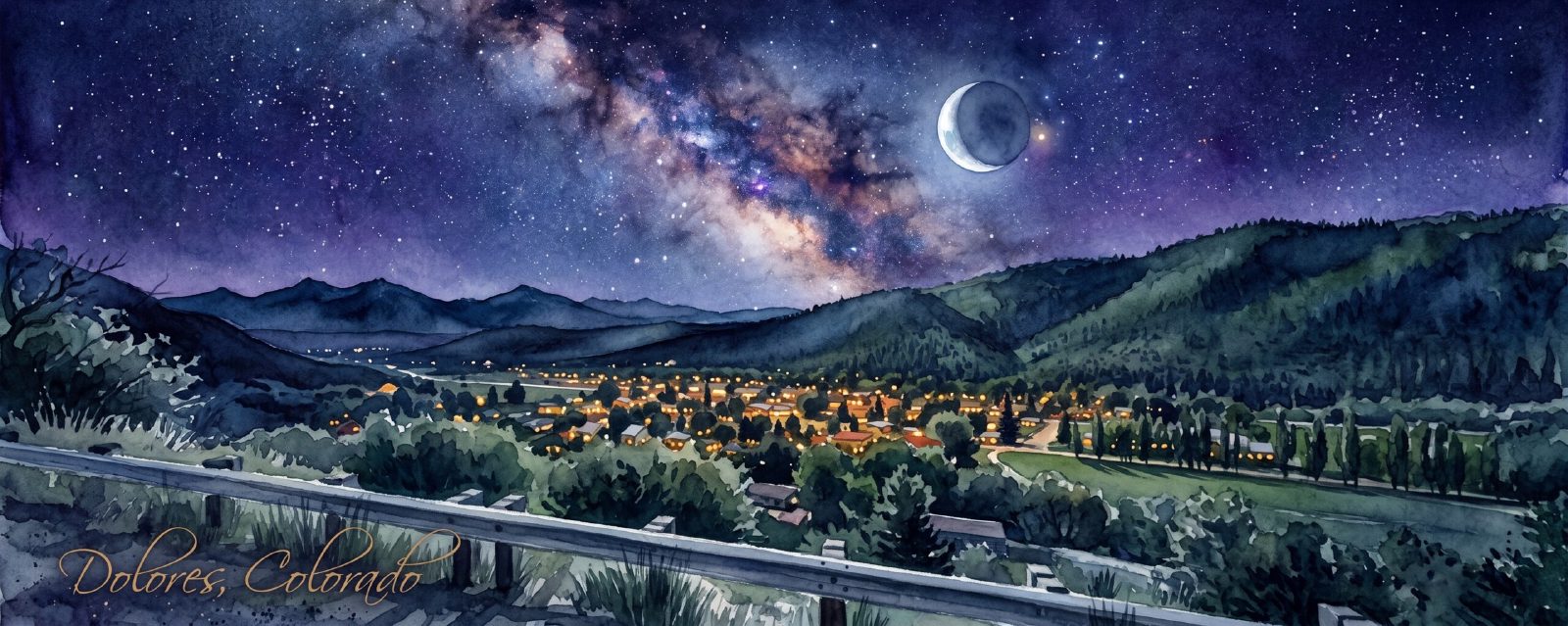 A watercolor painting of Dolores, Colorado at night, town lights glowing in the valley below the Milky Way and a crescent moon