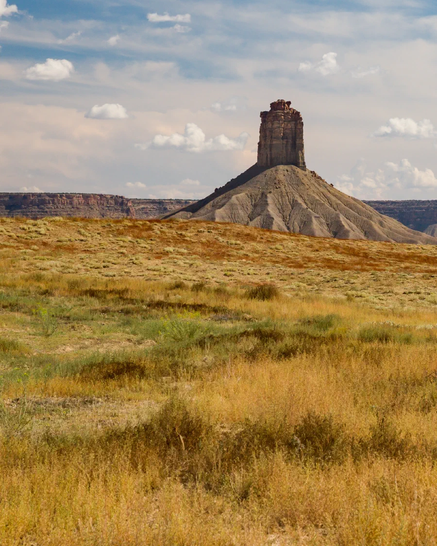 Open high-desert rangeland and a sandstone butte in Southwest Colorado