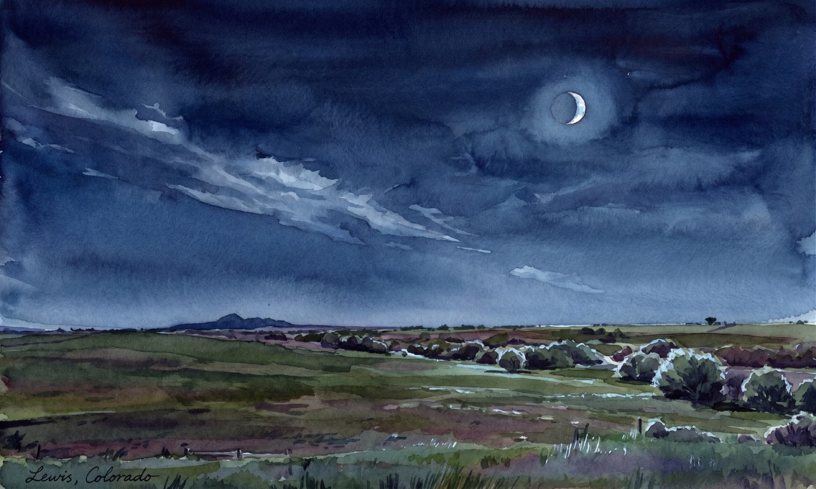 A watercolor painting of open farmland near Lewis, Colorado at night under a crescent moon and dramatic cloudy sky