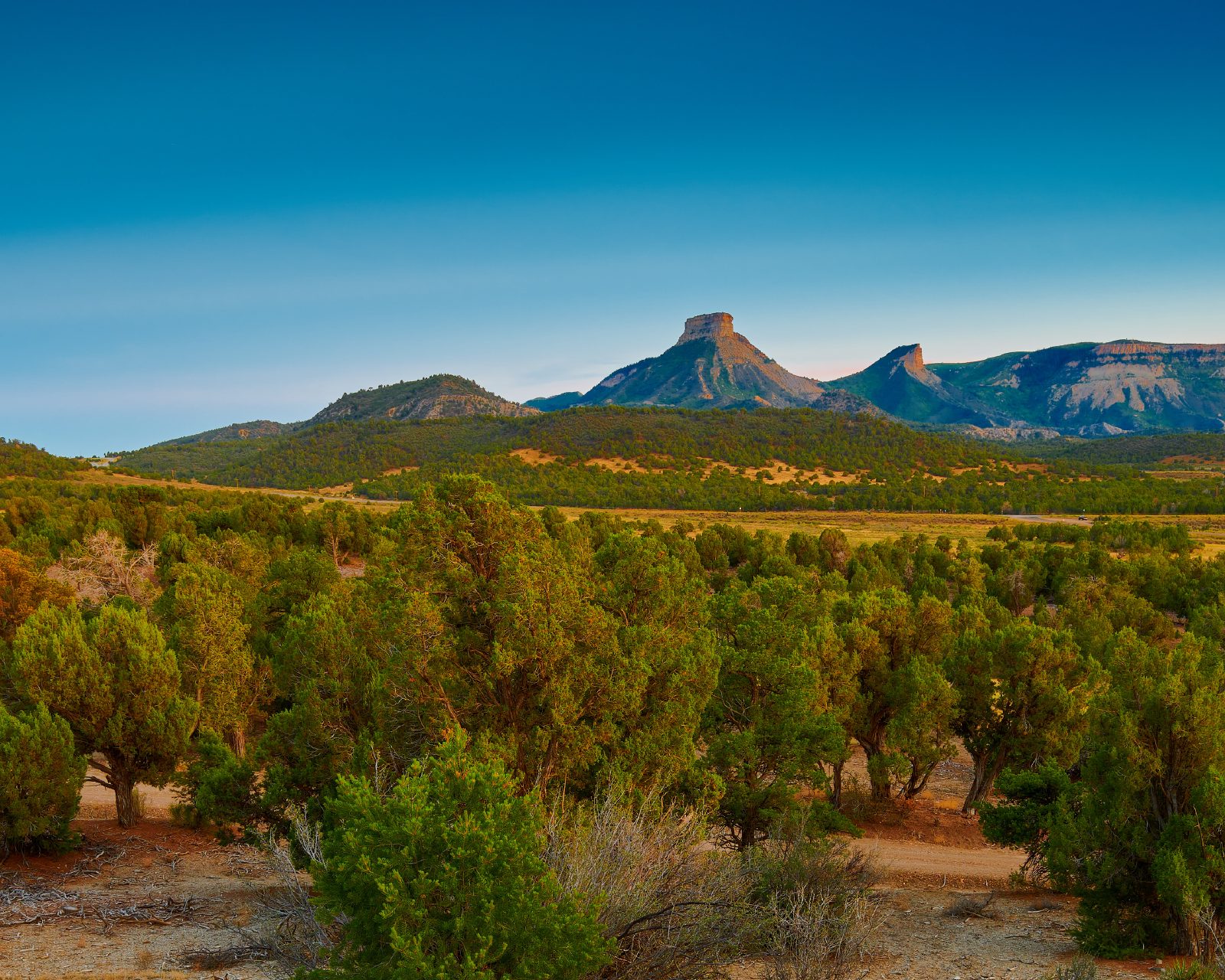 The Mancos Valley and the peaks above Mesa Verde at golden hour in Southwest Colorado