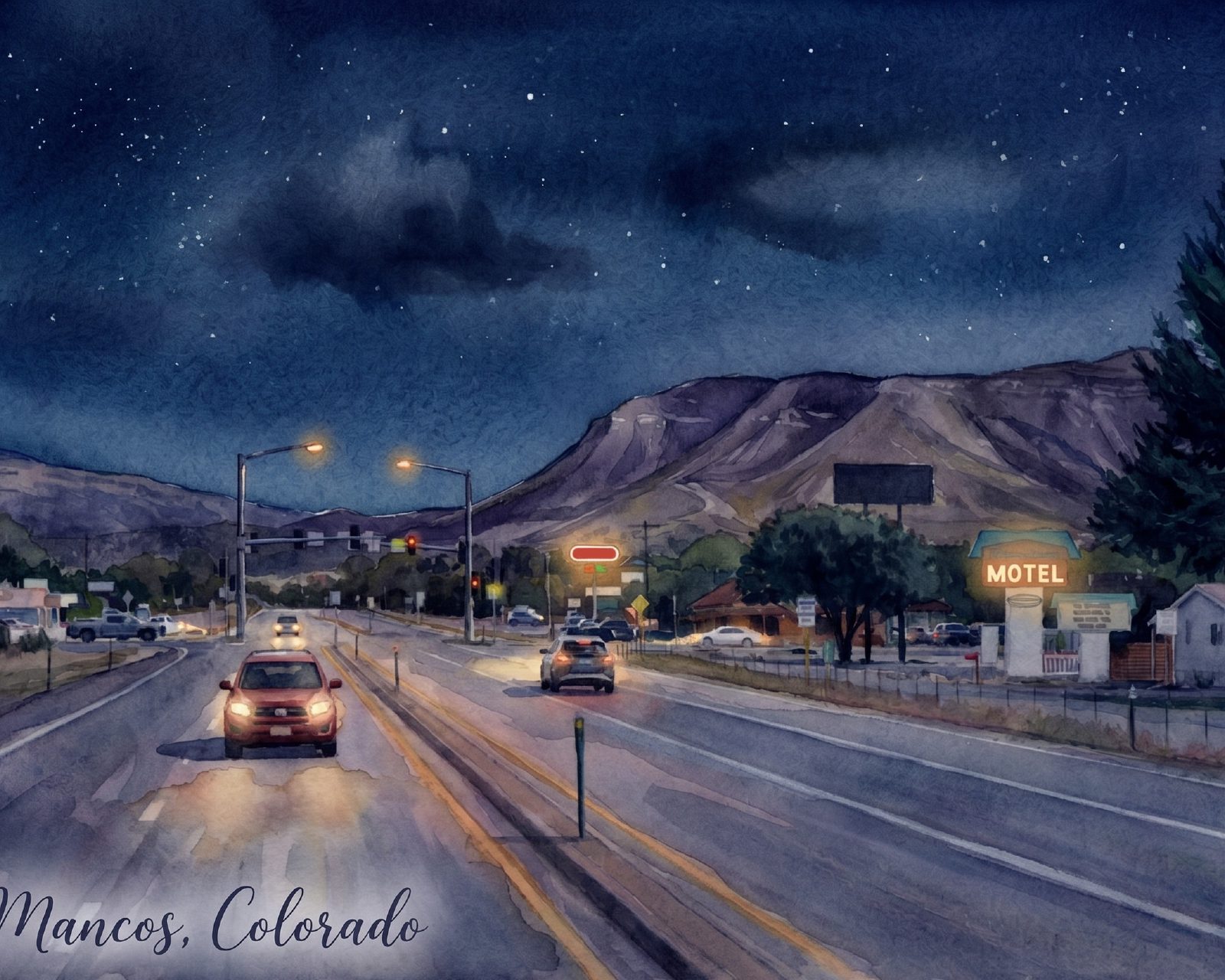 A watercolor painting of Main Street in Mancos, Colorado at night under a starry sky