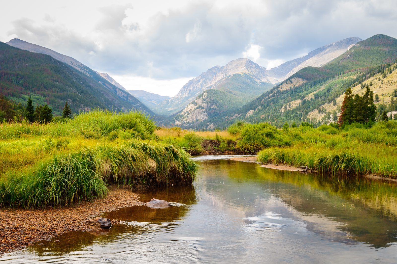 Mountain stream running through a green valley