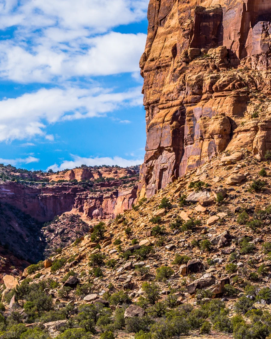 A sandstone spire rising over a red-rock canyon in the Four Corners
